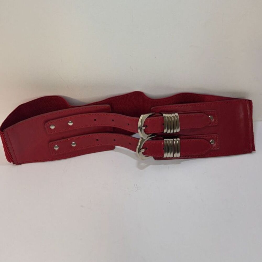 Womens Lux Red Elastic Wrap Around Leather Metal Double Buckle Belt Designer